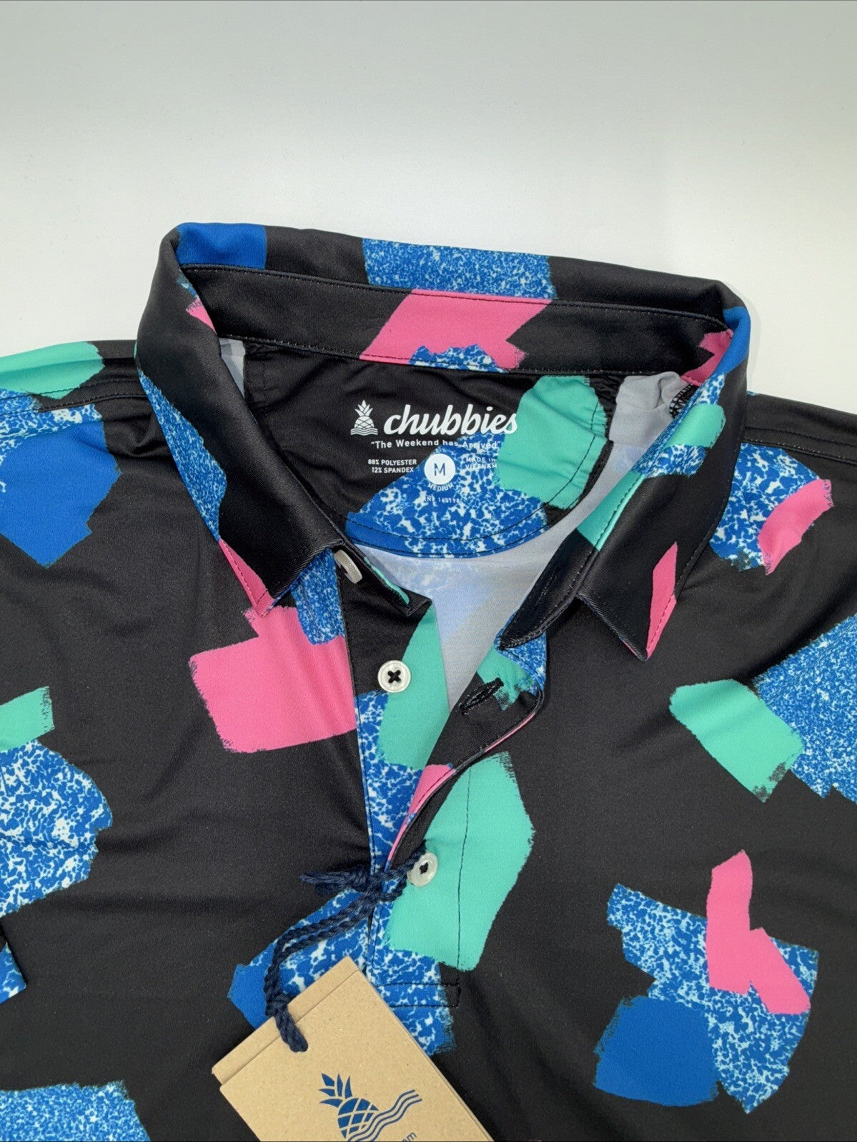Chubbies Men's The Abs Tract  Performance Polo Shirt- Black Multi- Medium -New