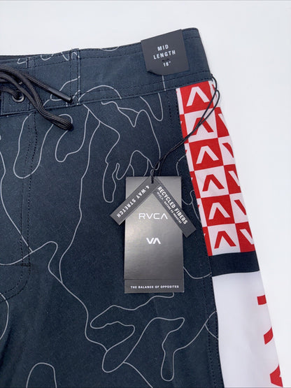 $60 RVCA Men’s Apex 2 - 18" Boardshorts Trunk - Camo Black/Red- Size: 30”- New