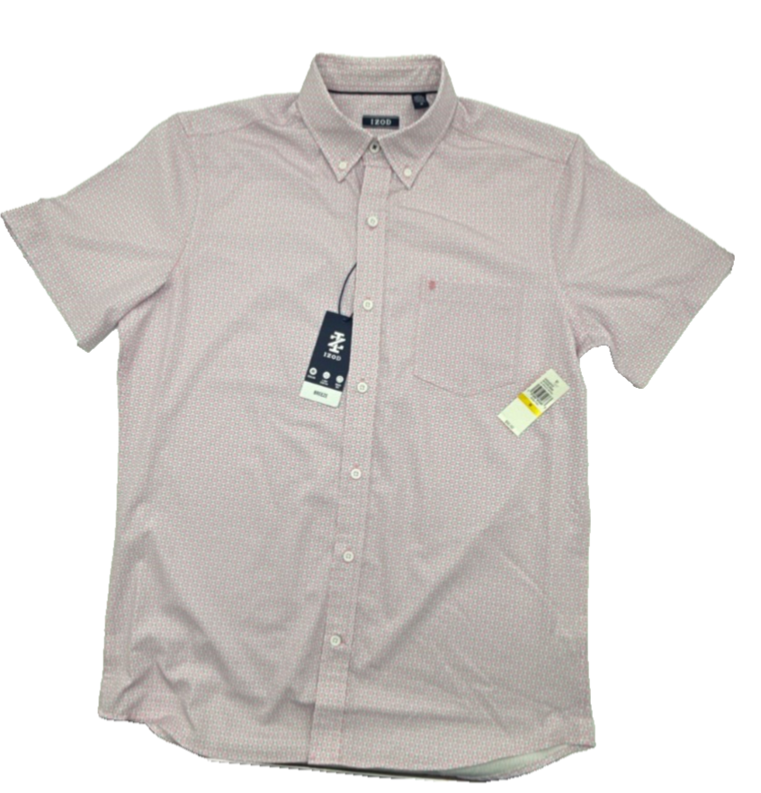 $50 Izod Men’s- Breeze Short Sleeve Button Down Shirt- Prizm Pink- Medium-New