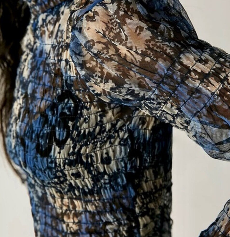 $88 Free People Women’s-Sheer Blouse Shirt-Blue Combo- Medium-New Tag
