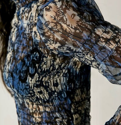 $88 Free People Women’s-Sheer Blouse Shirt-Blue Combo- Medium-New Tag