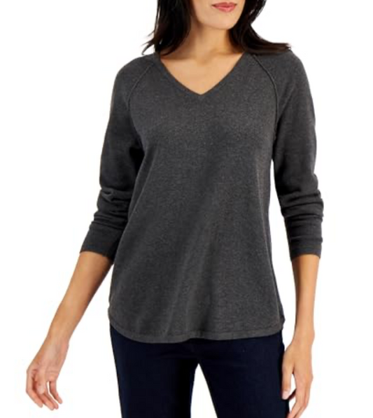 $215 Theory Women's Ranzini V Long Sleeve Rib Knit Sweater-Charcoal -Small-New