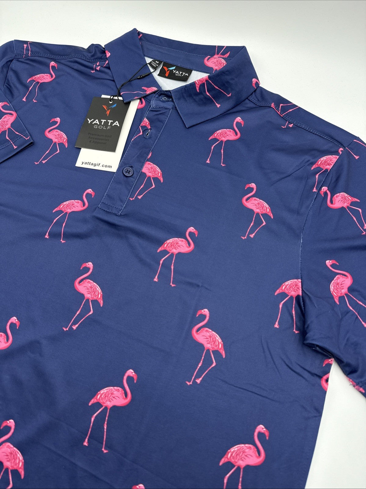$50 Yatta Golf Men’s 3 Button Polo Shirt - Classy Mingo Navy Pink - Medium - New