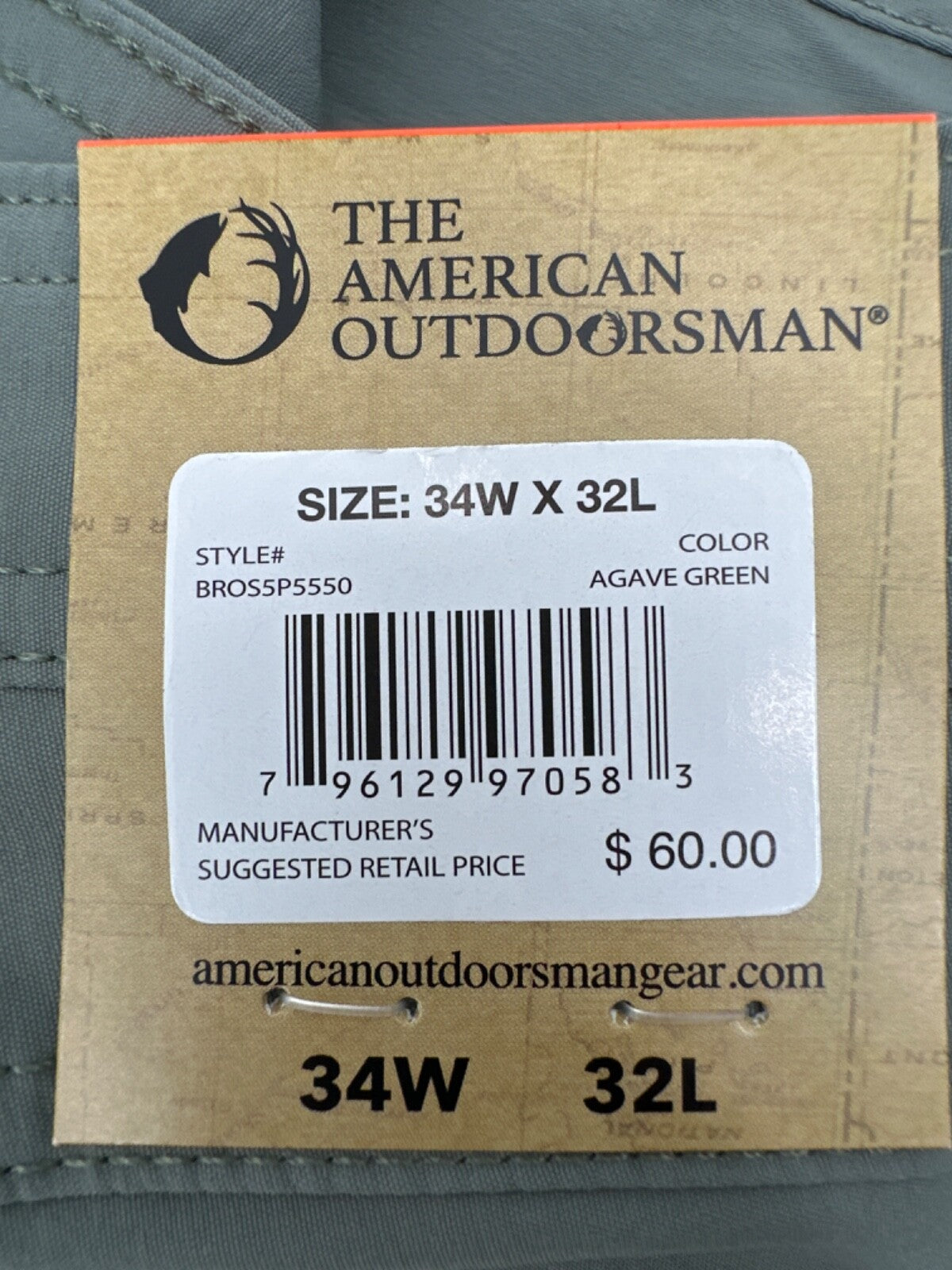 $60 The American Outdoorsman Men's Freedom Stretch Pants-Agave Green- 34W x 32L
