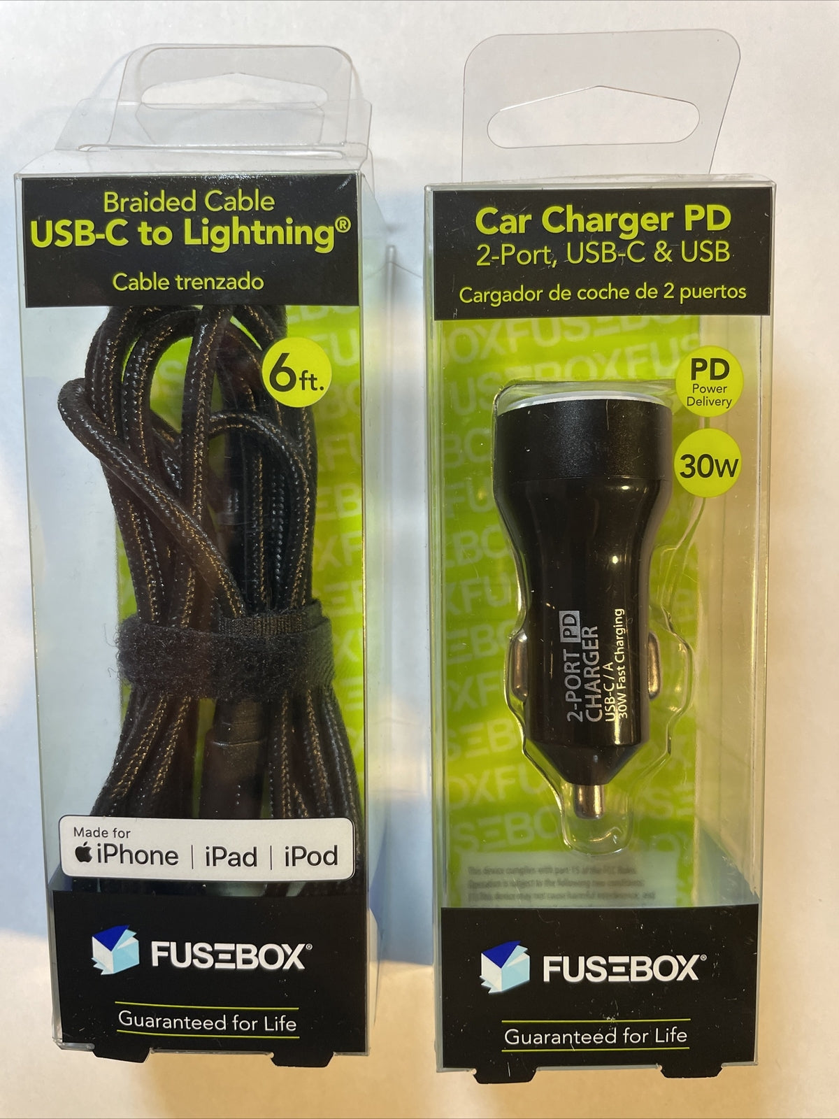 Combo Lot E Filliate, Fusebox 2 Port Car Charger Plus USB-C To Lightning 6ft