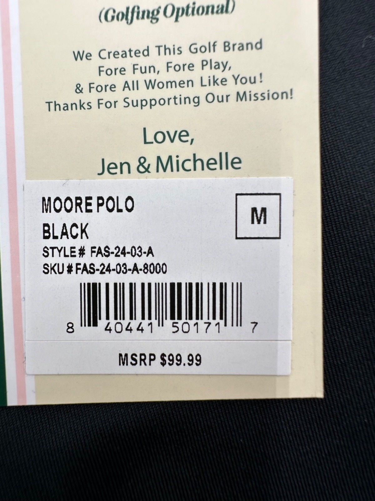$100 Fore Women’s Moore Golf Polo - FAS2403A - Black - Medium - New With Tag