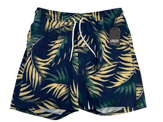 $58 Valor Men’s Frond Swim Trunk Hybrid Shorts-Navy Frond Blue-Medium-New Tags