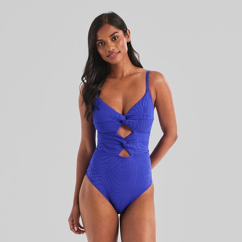 $50 Freshwater Woman’s Solid Color Twist One Piece Swimsuit- Zebra Azur- Large