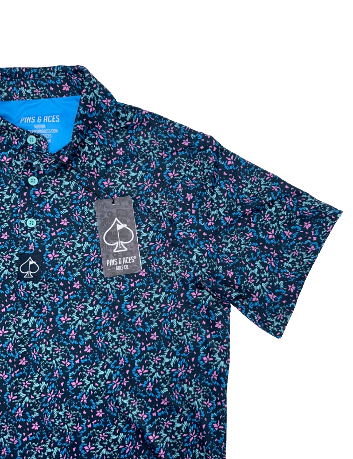 $70 Pins & Aces Fluorescent Floral Golf Polo- Blue/Pink - Medium - New With Tag