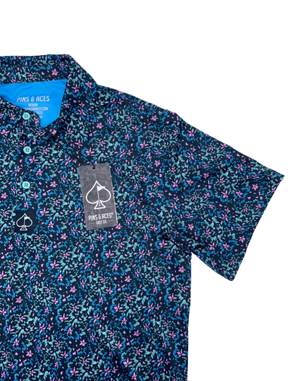 $70 Pins & Aces Fluorescent Floral Golf Polo- Blue/Pink - Medium - New With Tag