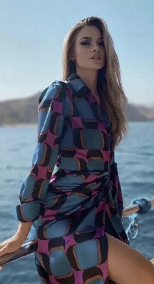 $89 Zara Women’s-Printed Wrap Dress Collared-Geometric Multicolor-XSmall-New Tag