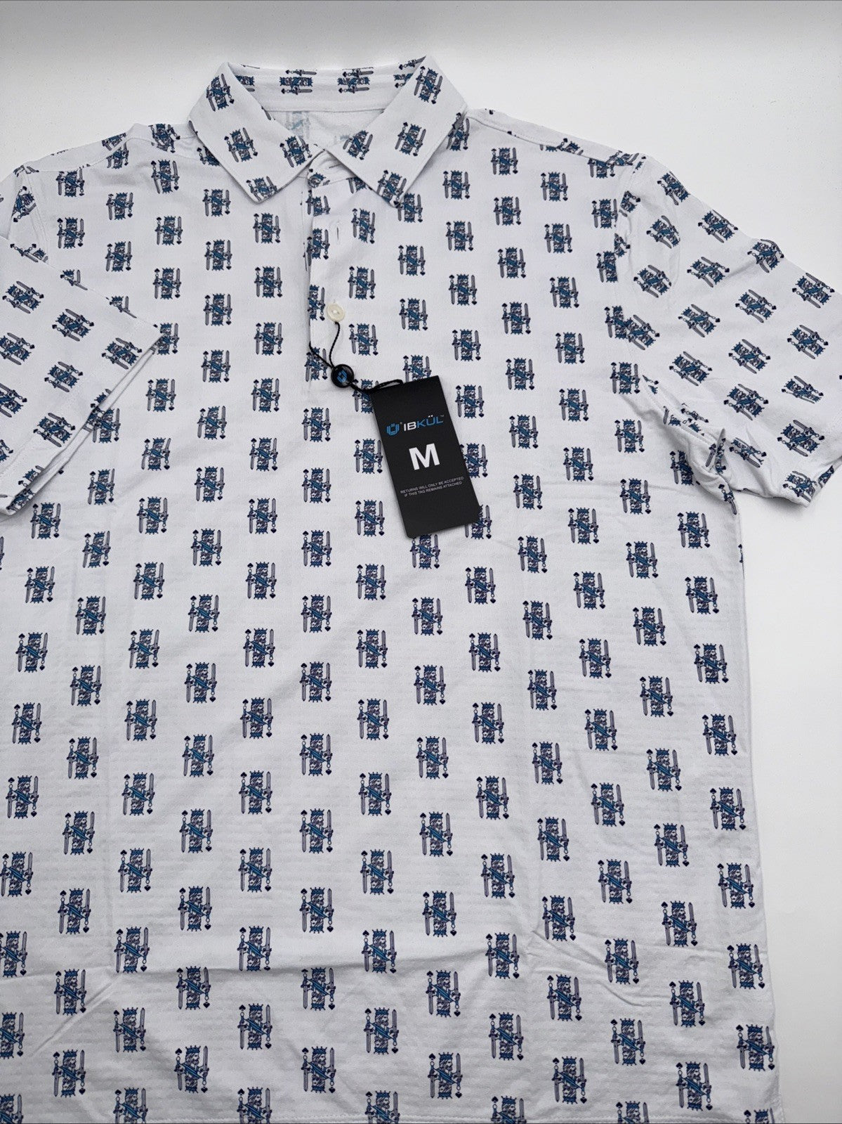 $100 IBKUL Men’s Short Sleeve Polo King Of Shapes Shirt-White/Blue- Medium -New