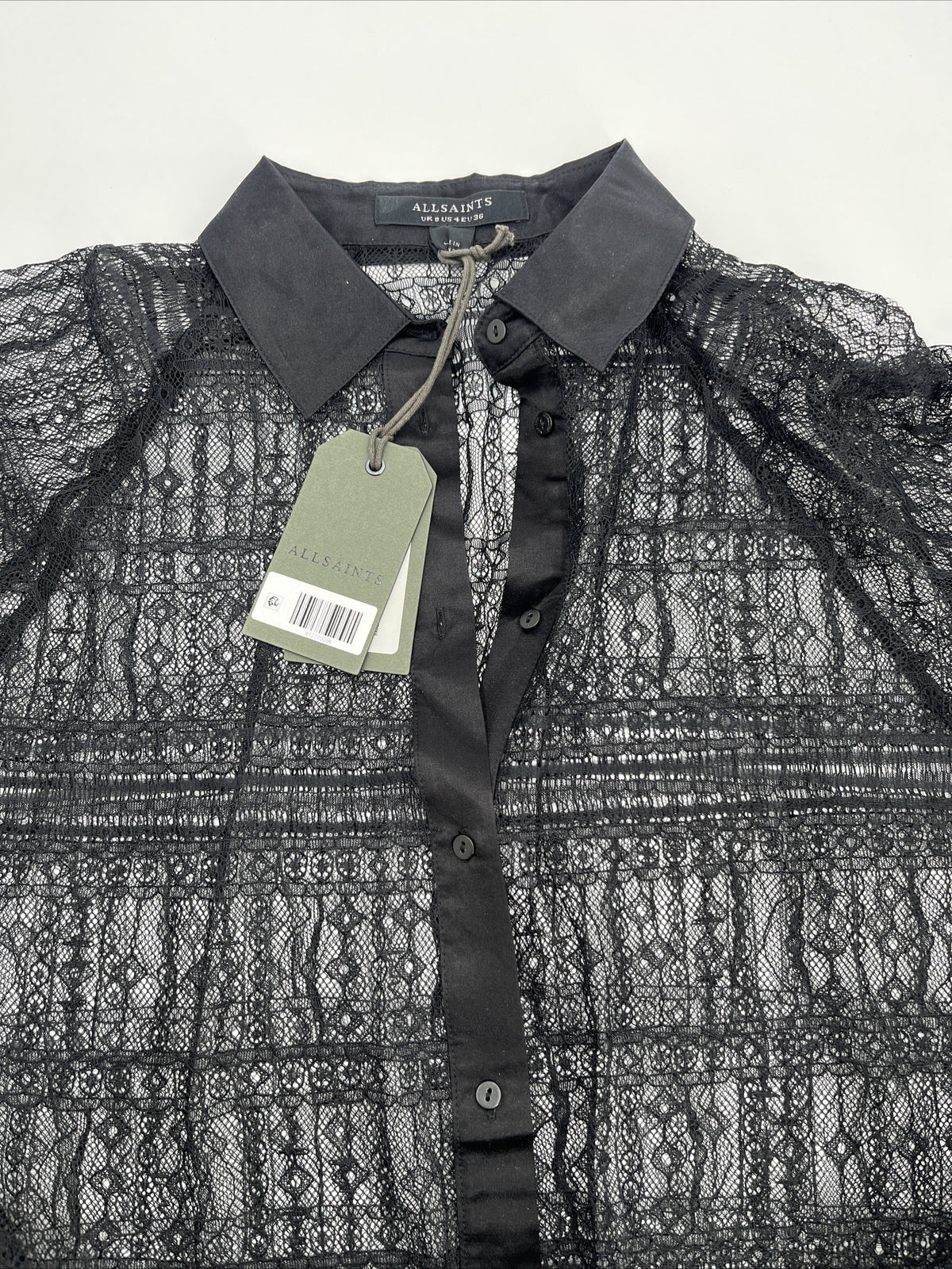 $269 ALLSAINTS "Oana" Black Sheer Lace Relaxed Button Up Shirt Blouse-Sz 4- NWT