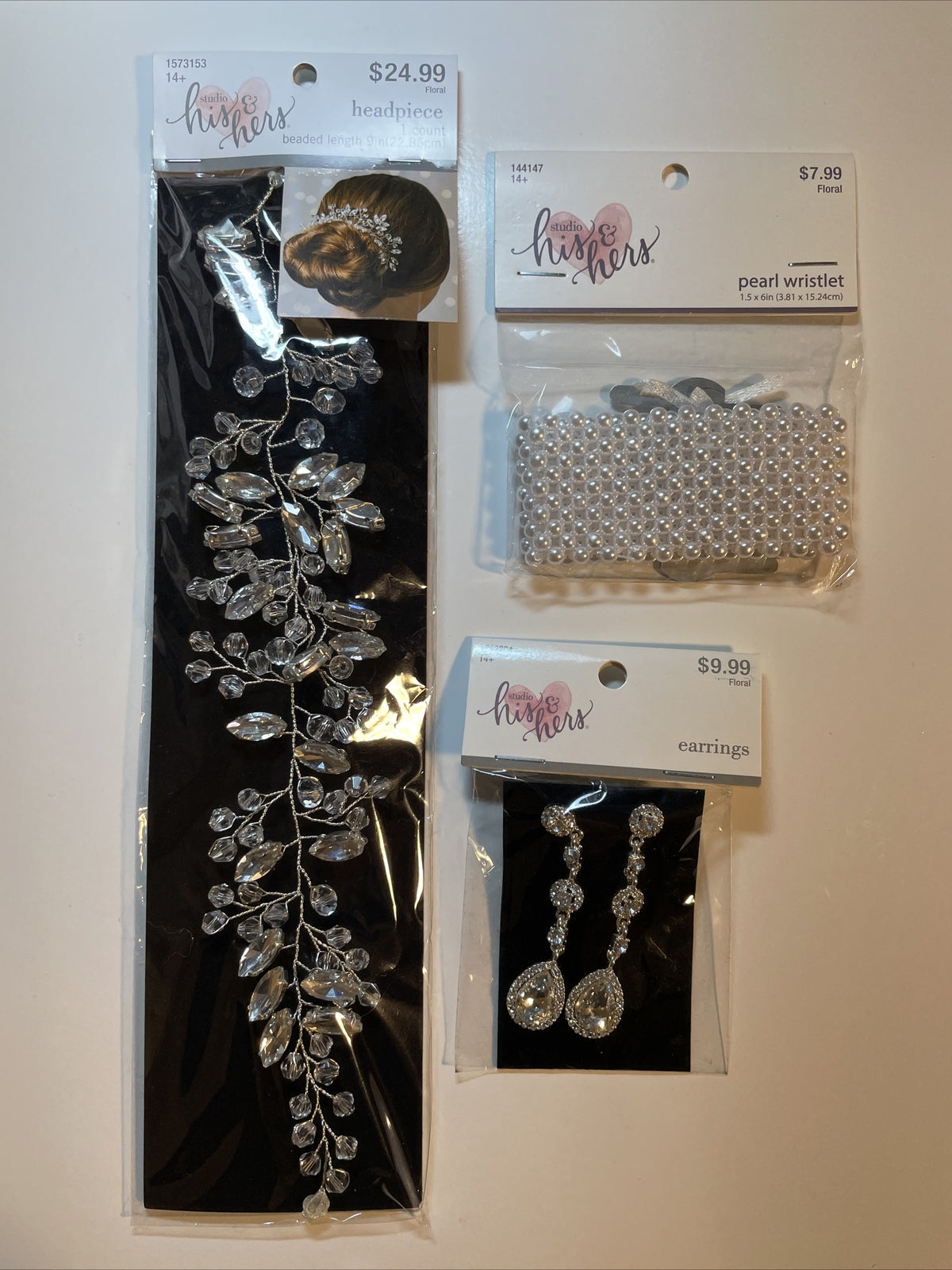 Combo Lot 3 PCs Studio His & Hers WEDDING Set: EARRINGS- Headpiece - Bracelet