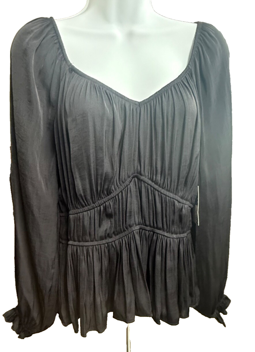 $44 Nine West Women’s-Long Sleeve Sweetheart Peplum Top- Black- Medium-New Tag