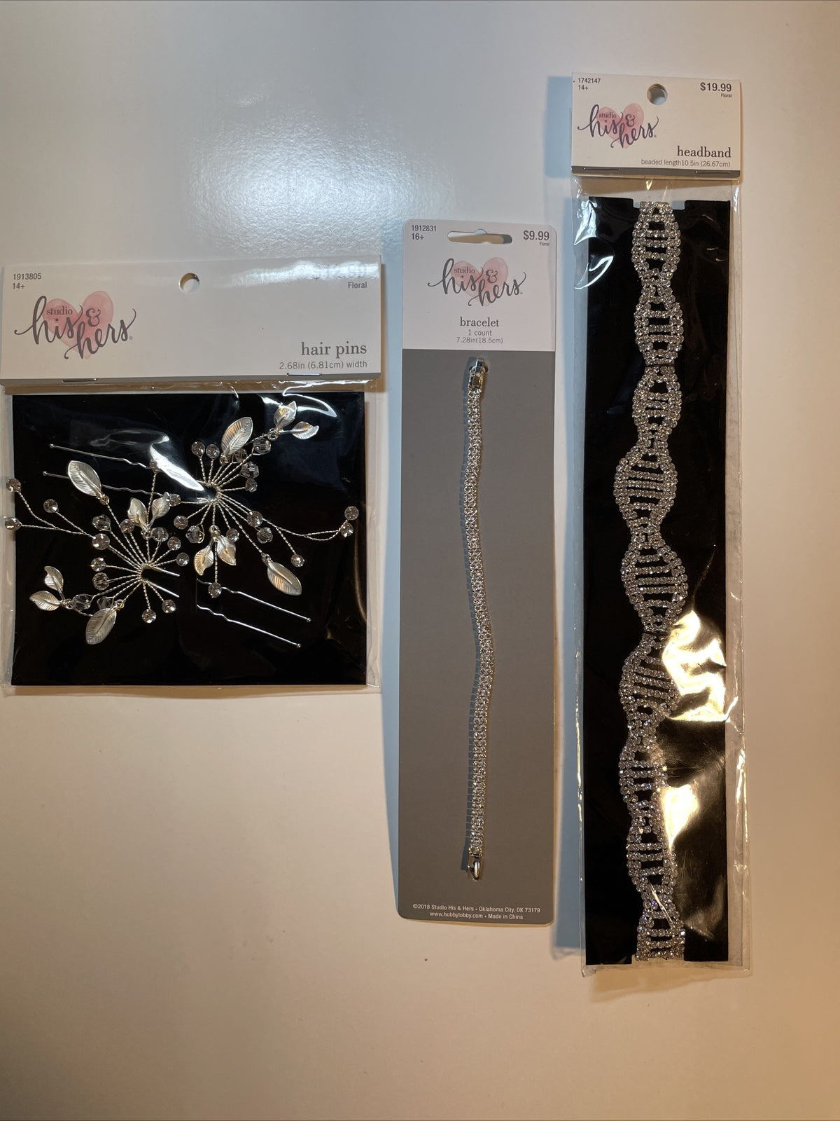 Combo Lot 3 PCs Studio His & Hers WEDDING Set: Hair Pins - Headband - Bracelet