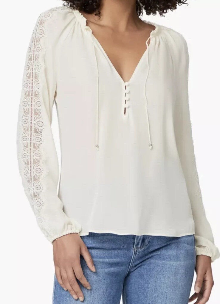 Paige Women’s Patina Silk Blouse Top Shirt With Lace - Antique White- XLarge