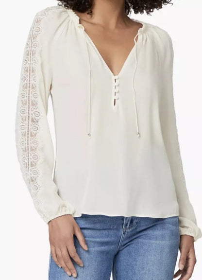 Paige Women’s Patina Silk Blouse Top Shirt With Lace - Antique White- XLarge