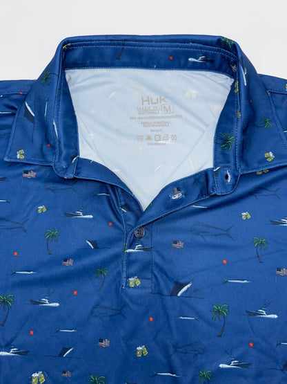 $55 Huk Men's Pursuit Beach Freedom Print Polo - Blue - Medium - New With Tags