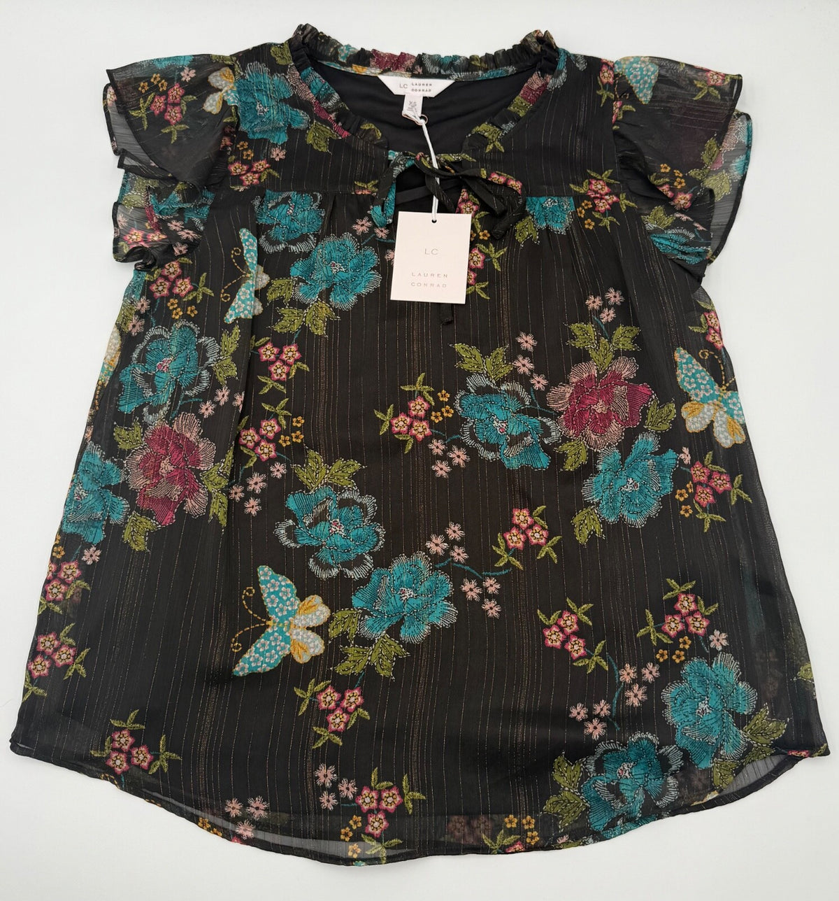 $44 Lauren Conrad Women’s-Ruffle Shoulder V-Neck Shirt -Black Floral-XSmall-New