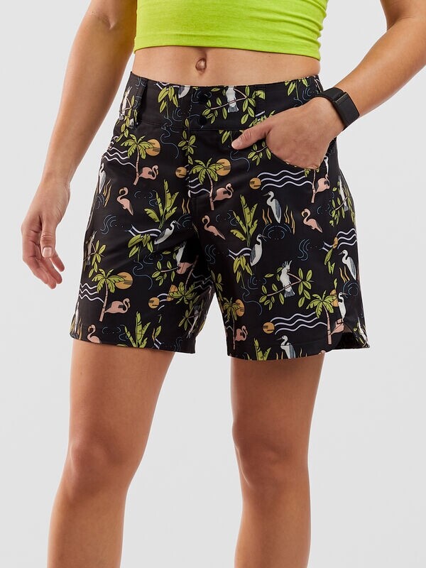 $105 Wild Rye Women’s Mountain Bike Shorts 6” - Black Kendall Deco Birds- Size 6
