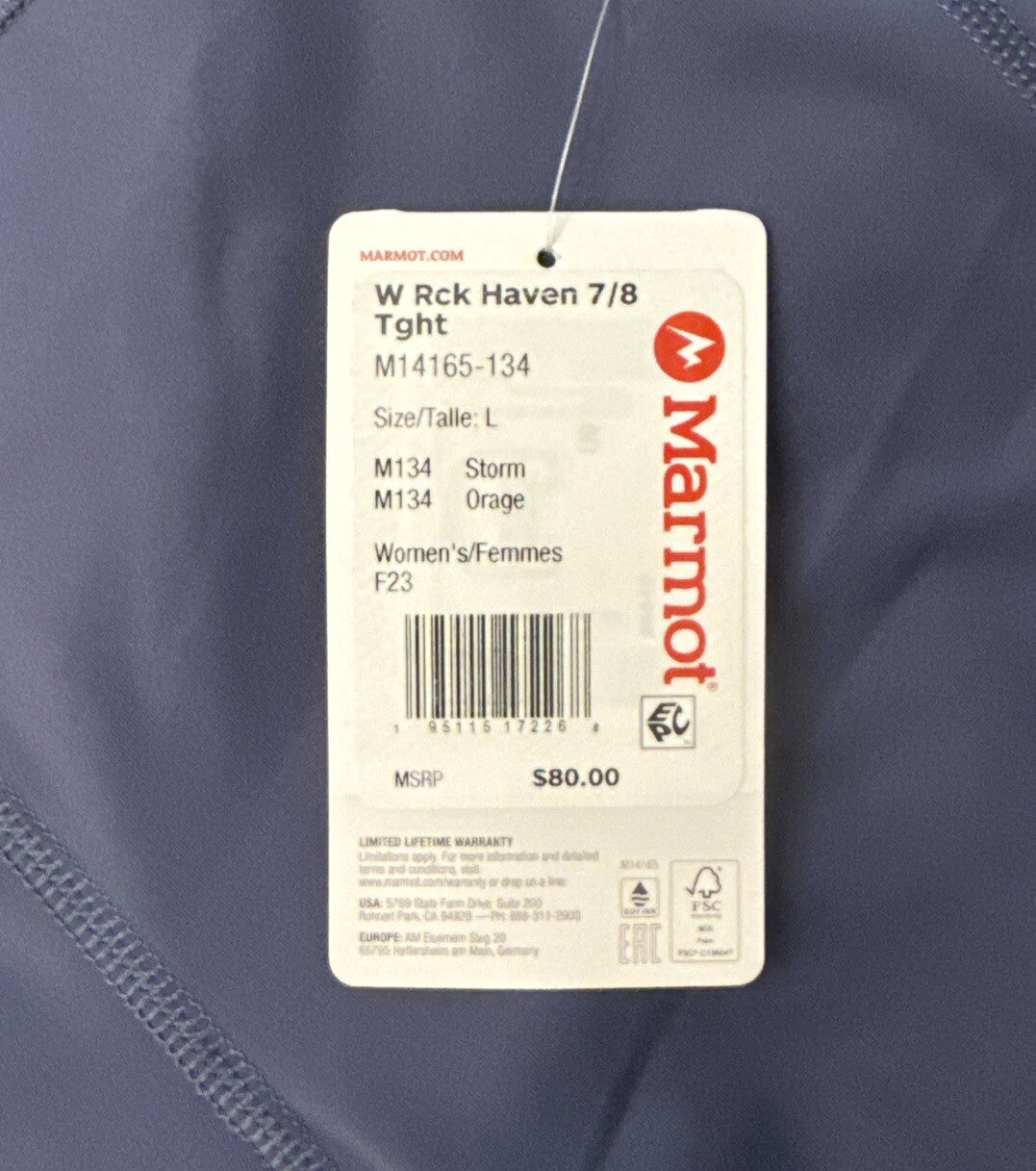 $80 Marmot Women's Rock Haven 7/8 Tights UPF 50- Storm- Large - NWT