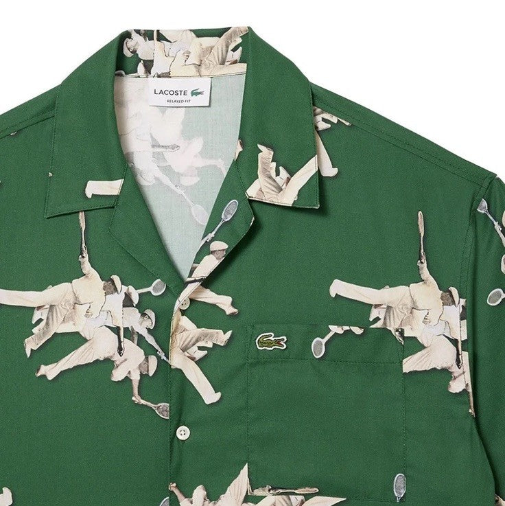 $140 Lacoste Men's S/Sleeve Rene Retro Graphic Print Camp Shirt-Green-Medium