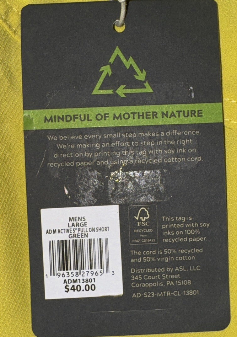 Alpine Design Men’s Active Outlook 5” Pull On Short- Green Mango- Large- NWT