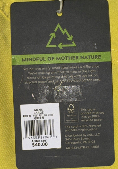 Alpine Design Men’s Active Outlook 5” Pull On Short- Green Mango- Large- NWT