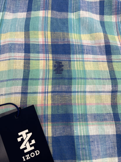 $50 Izod Men’s Linen Blend Madras SS Button Up Shirt-Florida Keys Plaid-Small