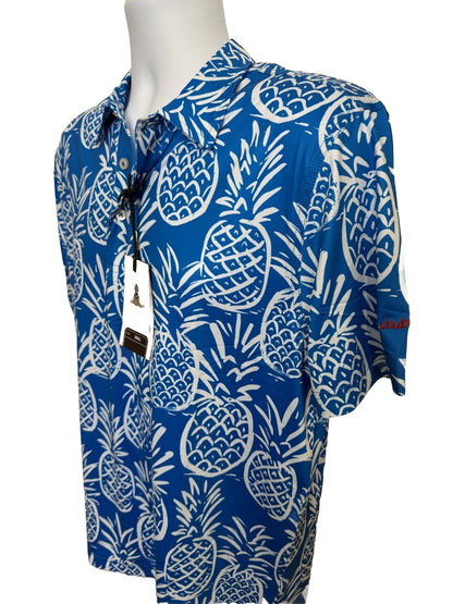 Chubbies Men's The Thigh Napple Performance Polo Shirt- Blue Pineapple-Small-New