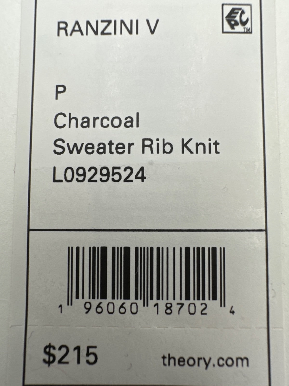 $215 Theory Women's Ranzini V Long Sleeve Rib Knit Sweater-Charcoal -Small-New
