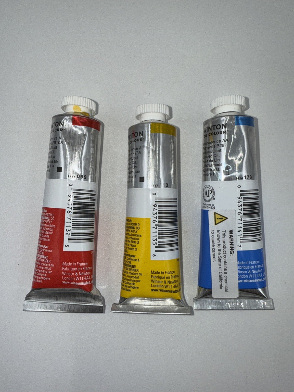 Combo Of 3 Winsor and Newton Winton Oil Colour 1.25 oz. Cadmium Red,Yellow,Blue