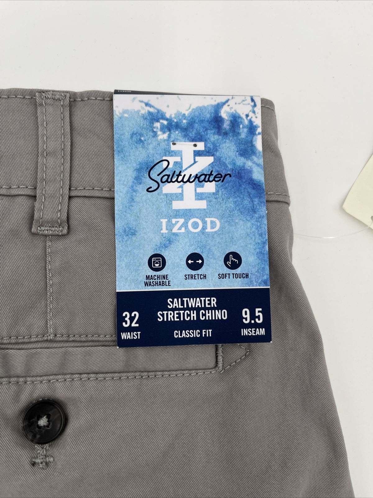 $50 Izod Men’s Classic Chino Saltwater 9.5” Shorts -Cinderblock Taupe-32W-New