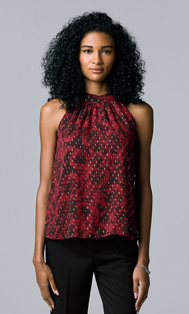 $48 Simply Vera Wang Women’s-Ruffle Trim Halter Top- Red Floral- Small-New Tag