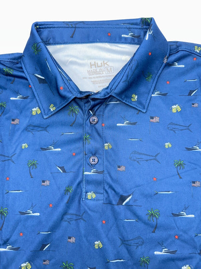 $55 Huk Men's Pursuit Beach Freedom Print Polo - Blue - Medium - New With Tags