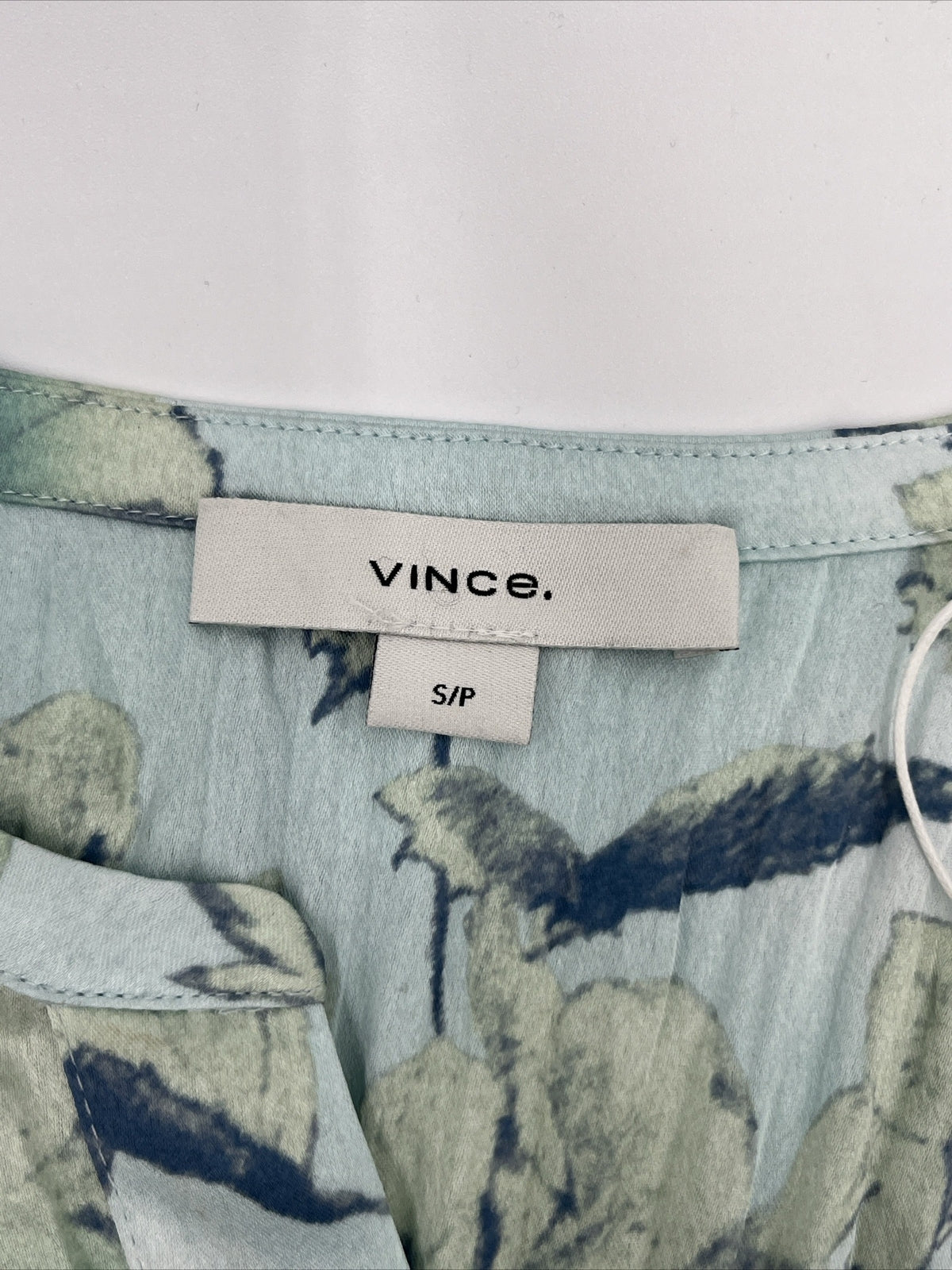 $295 Vince Women’s Floral Crushed Satin Blouse Shirt- Pale Lagoon-Small-New Tag