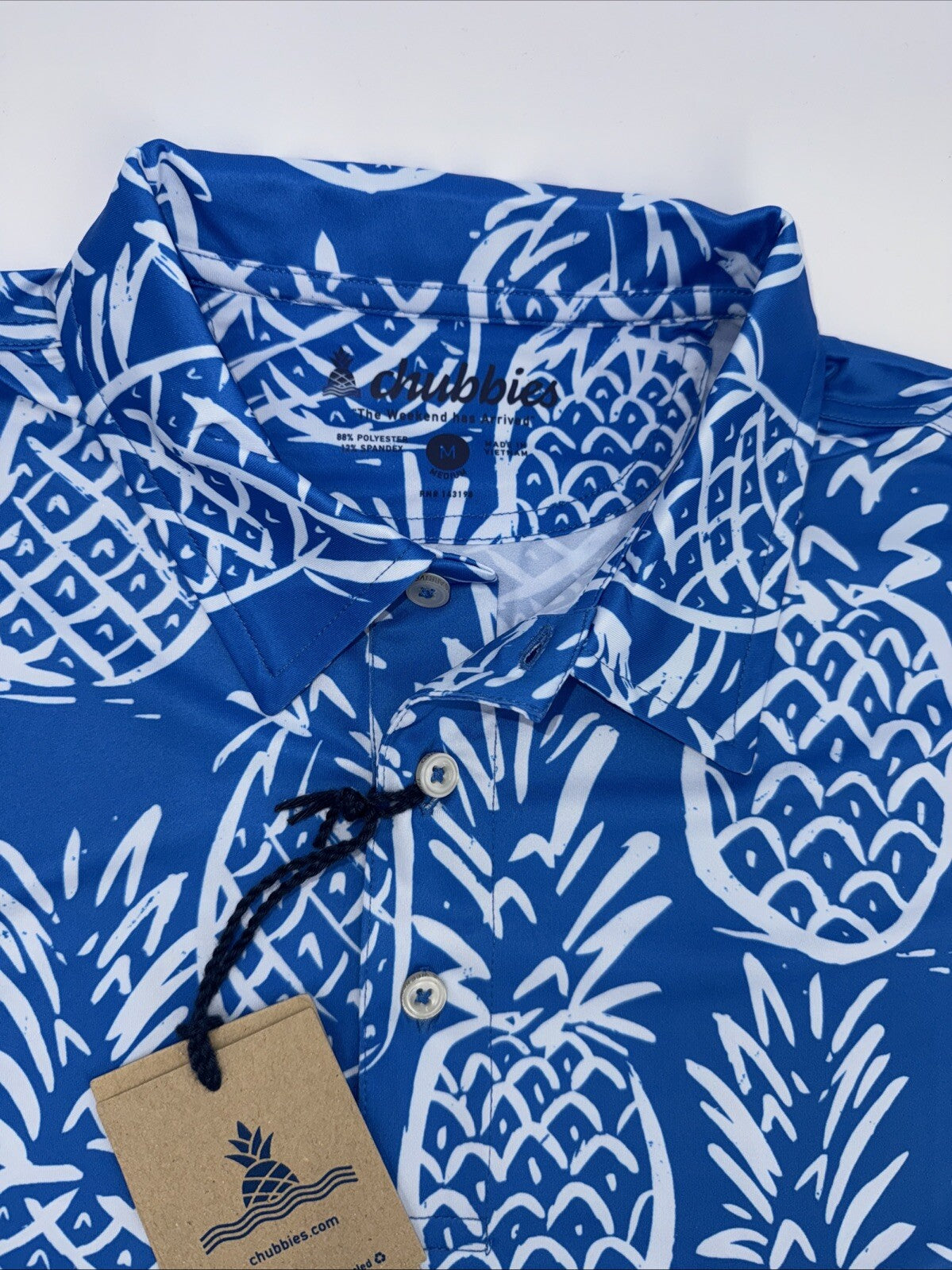 Chubbies Men's The Thigh Napple Performance Polo Shirt-Blue Pineapple-Medium-New