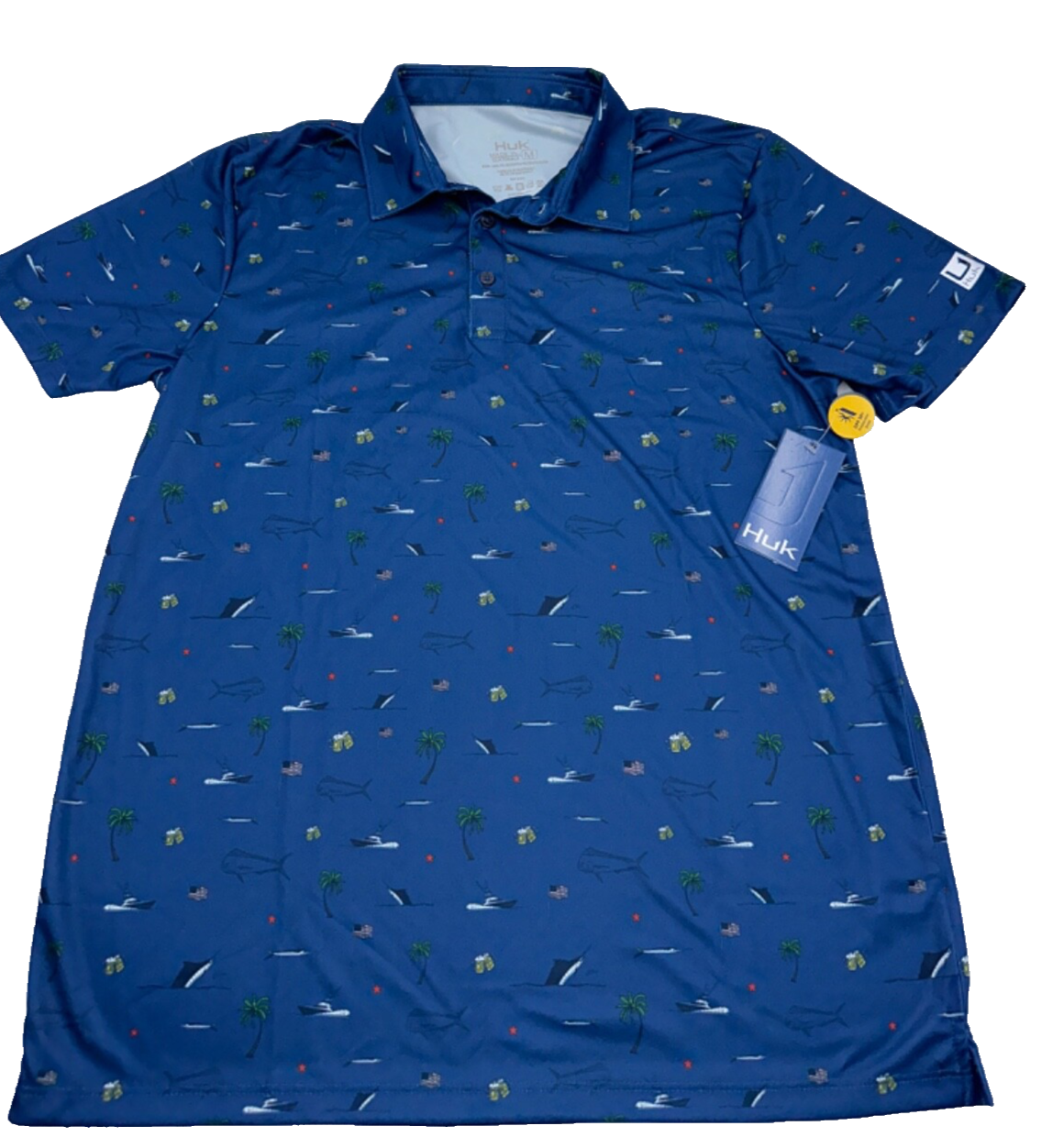 $55 Huk Men's Pursuit Beach Freedom Print Polo - Blue - Medium - New With Tags