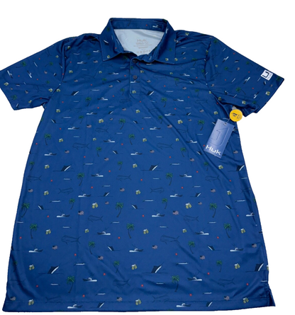 $55 Huk Men's Pursuit Beach Freedom Print Polo - Blue - Medium - New With Tags