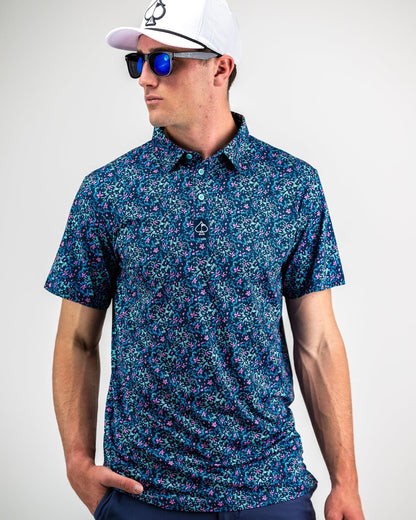 $70 Pins & Aces Fluorescent Floral Golf Polo- Blue/Pink - Medium - New With Tag