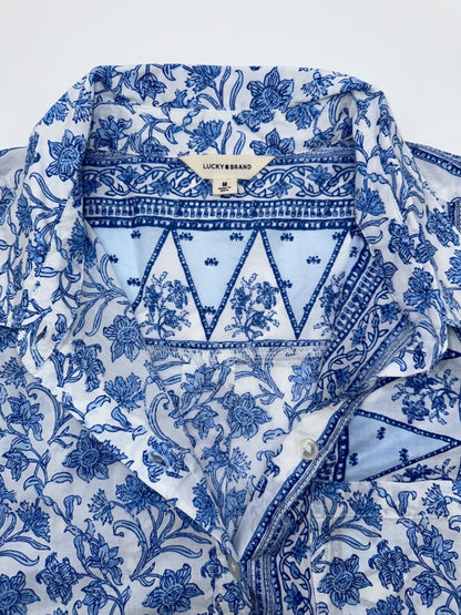 $80 Lucky Brand Women's Printed Button Down Longsleeve Shirt-Blue/White -Medium