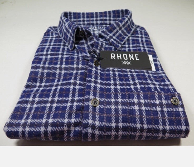 $158 Rhone Men’s Hardy Flannel Shirt Stretch- Blue White Plaids- Small -NEW Tag