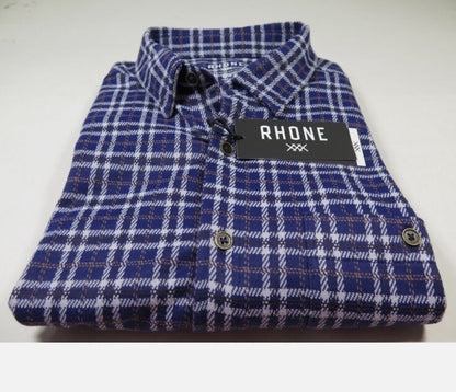 $158 Rhone Men’s Hardy Flannel Shirt Stretch- Blue White Plaids- Small -NEW Tag