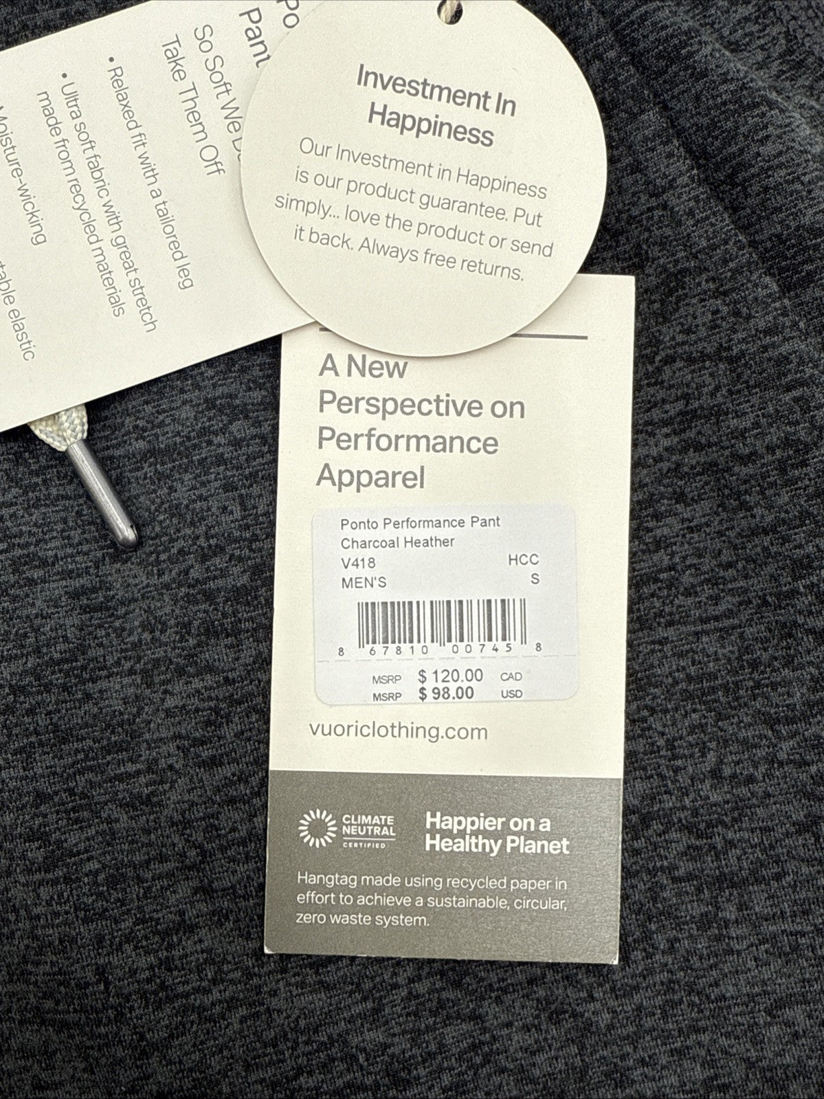 $98 Vuori Men’s Ponto Performance Pants V418 - Charcoal Heather - Small- NWT