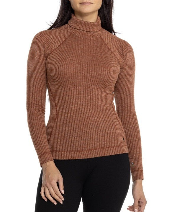 $120 Smartwool Women’s Merino Rib Turtleneck Shirt-Pecan Brown Heather-XSmall