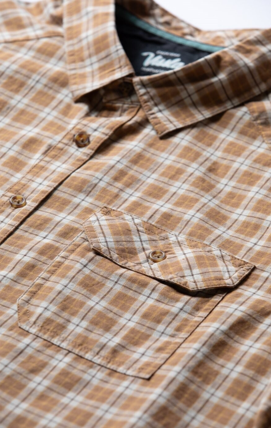 L$70 Vissla Men's Creators Ranger Eco SS Button Down Shirt - Brown/Yellow- New
