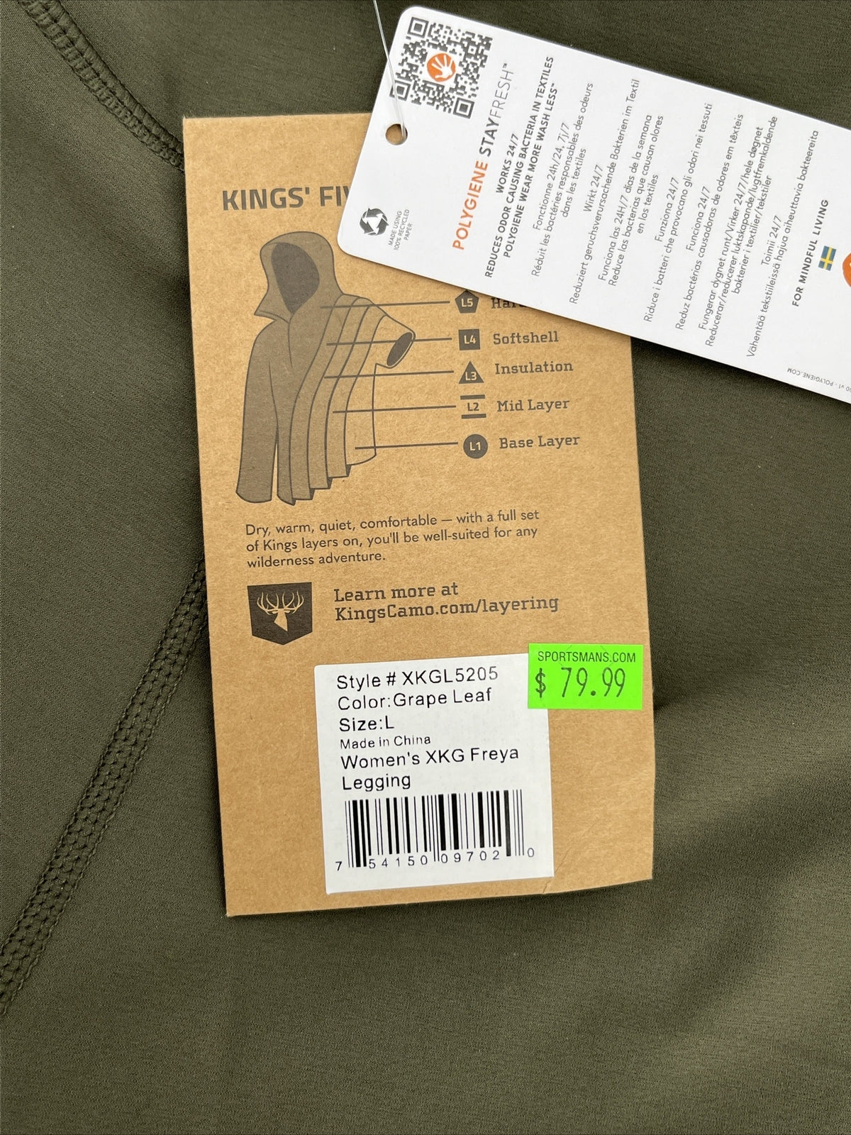 $80 King's Women’s High Waist Freya Leggings Stretch-Leaf Olive-Large-New Tags