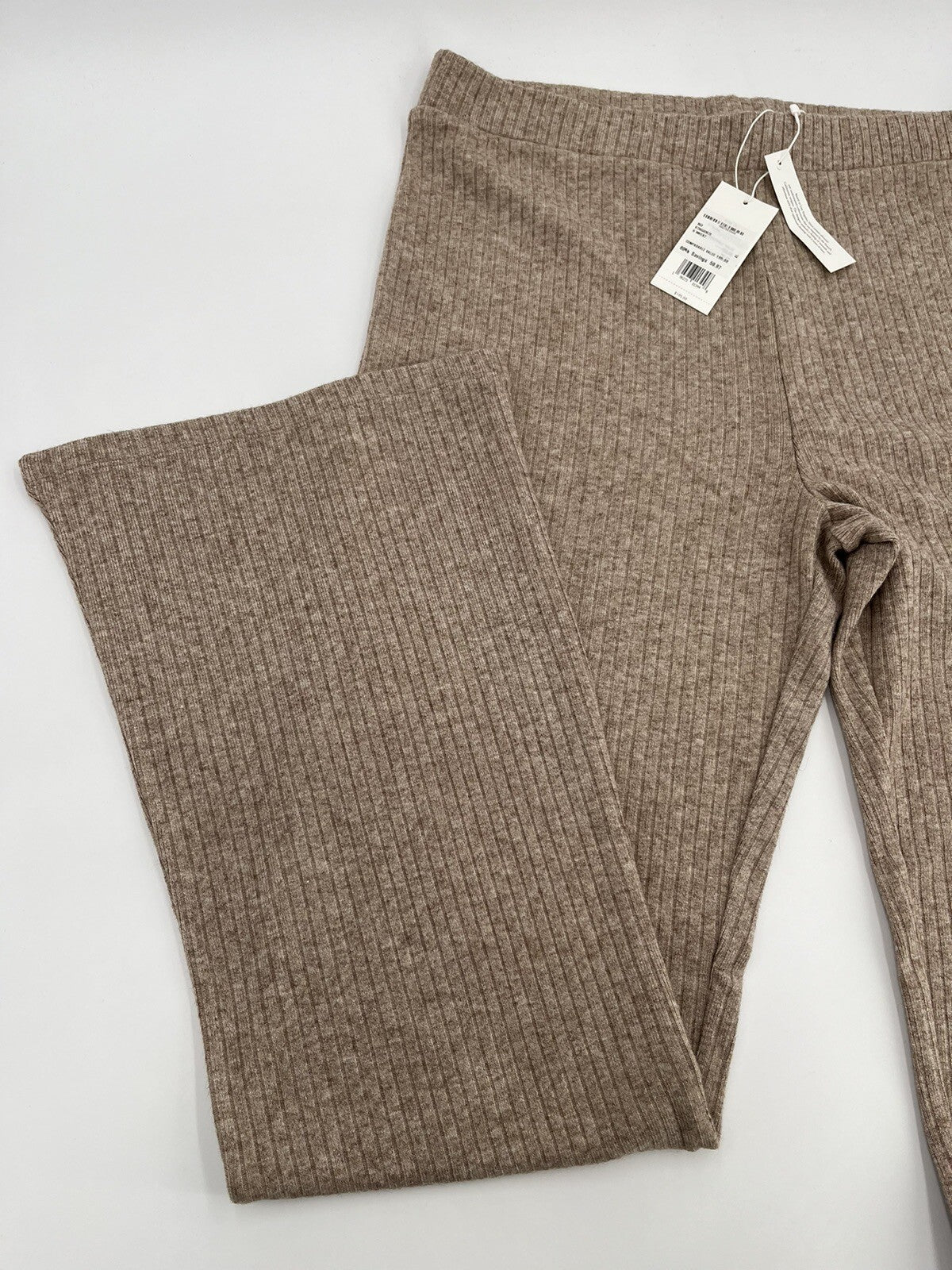 Vince Women’s Rib Knit Flare Pants Pull On Elastic Waist-Beige- XLarge-New $195