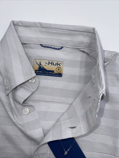 $60 Huk Men’s Kona Cross Dye Button up S/S Shirt- White Stripes- Small -New Tags